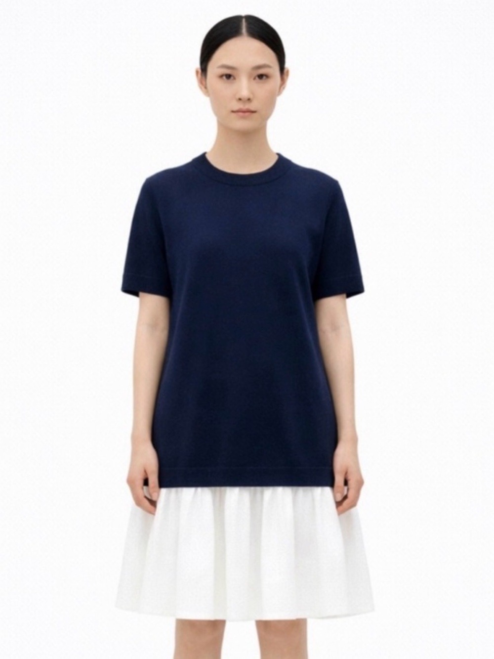 COS Navy & White Panelled Cotton Knit Dress Minimalist Style Tiered Skirt | XS–S